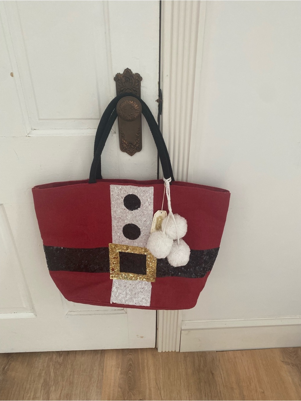 Mud Pie Santa Christmas Tote Bag Red Burlap Sequins Pom Pom Holiday Bag